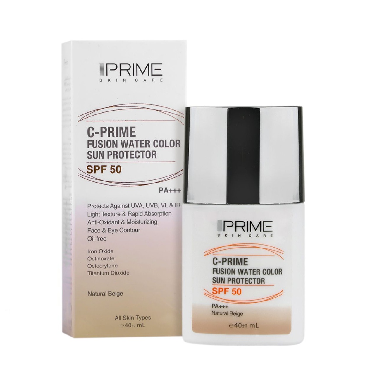 فلوئید ضدآفتاب رنگی فیوژن واتر پرایم حاوی ویتامین سی SPF 50 بژ طبیعی 40ml